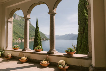 a row of potted plants sitting on the side of a building