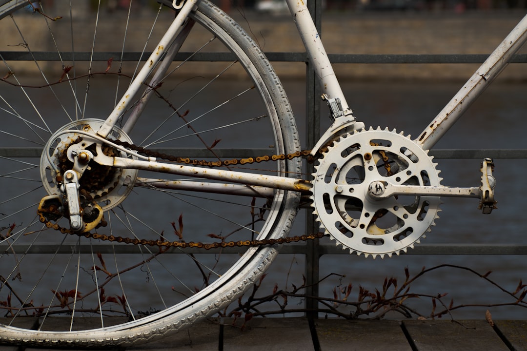 a close up of a bike on a bridge,
