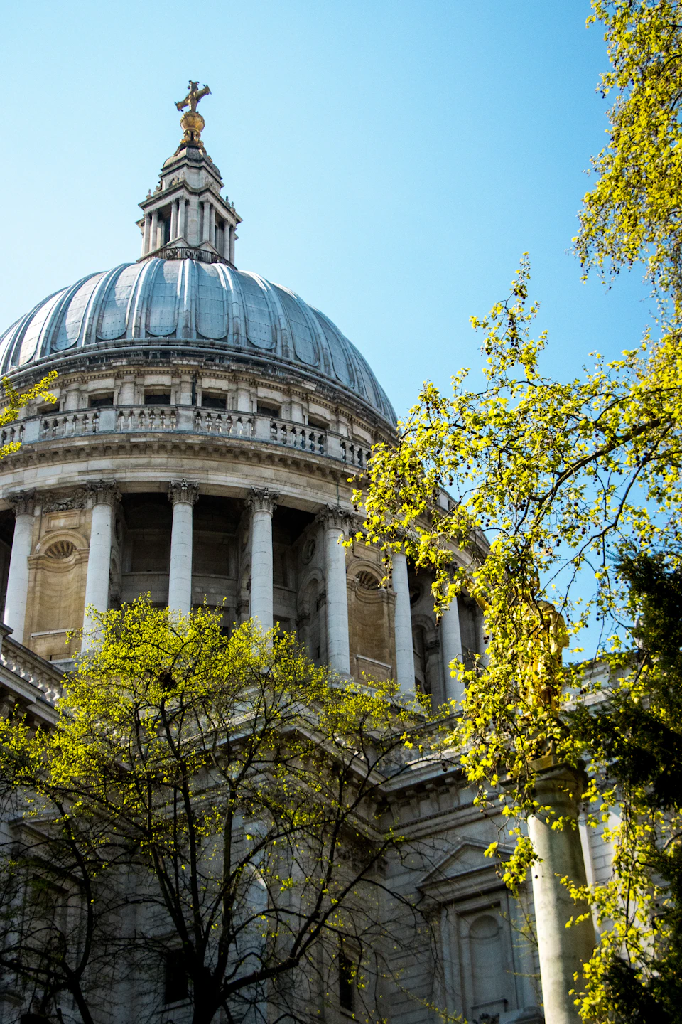 The image shows a majestic stone building with a dome and columns, standing tall against a clear blue sky. The building is adorned with a cross on top, adding to its grandeur. The perspective of the photo is from below, looking up at the structure, emphasizing its height and architectural beauty. In the foreground, there are trees that provide a touch of nature amidst the man-made marvel.