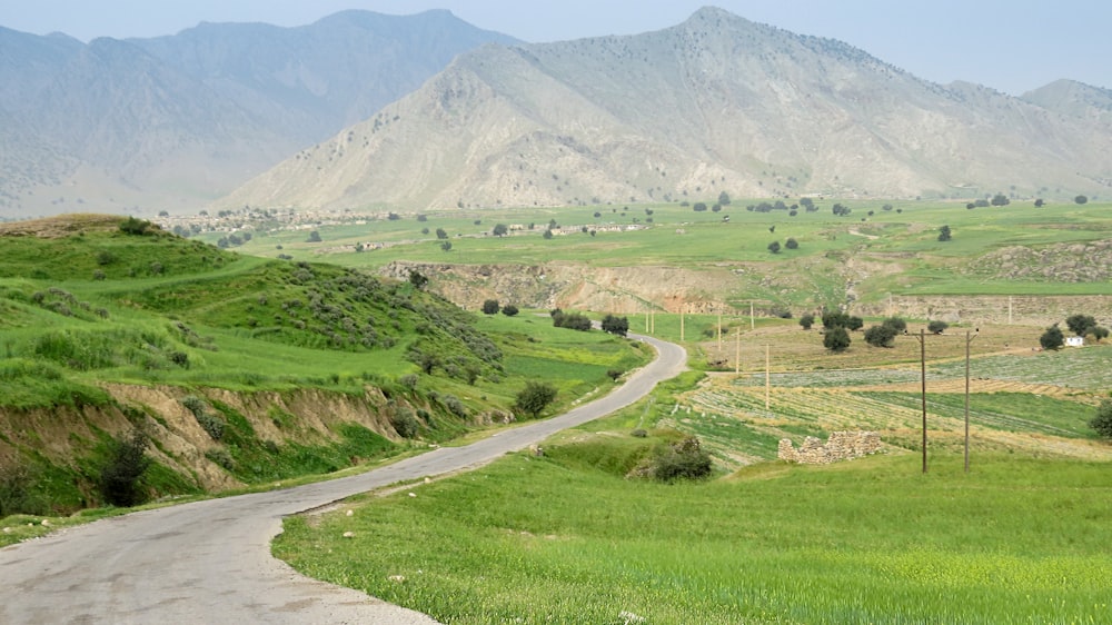 a road winding through a lush green valley