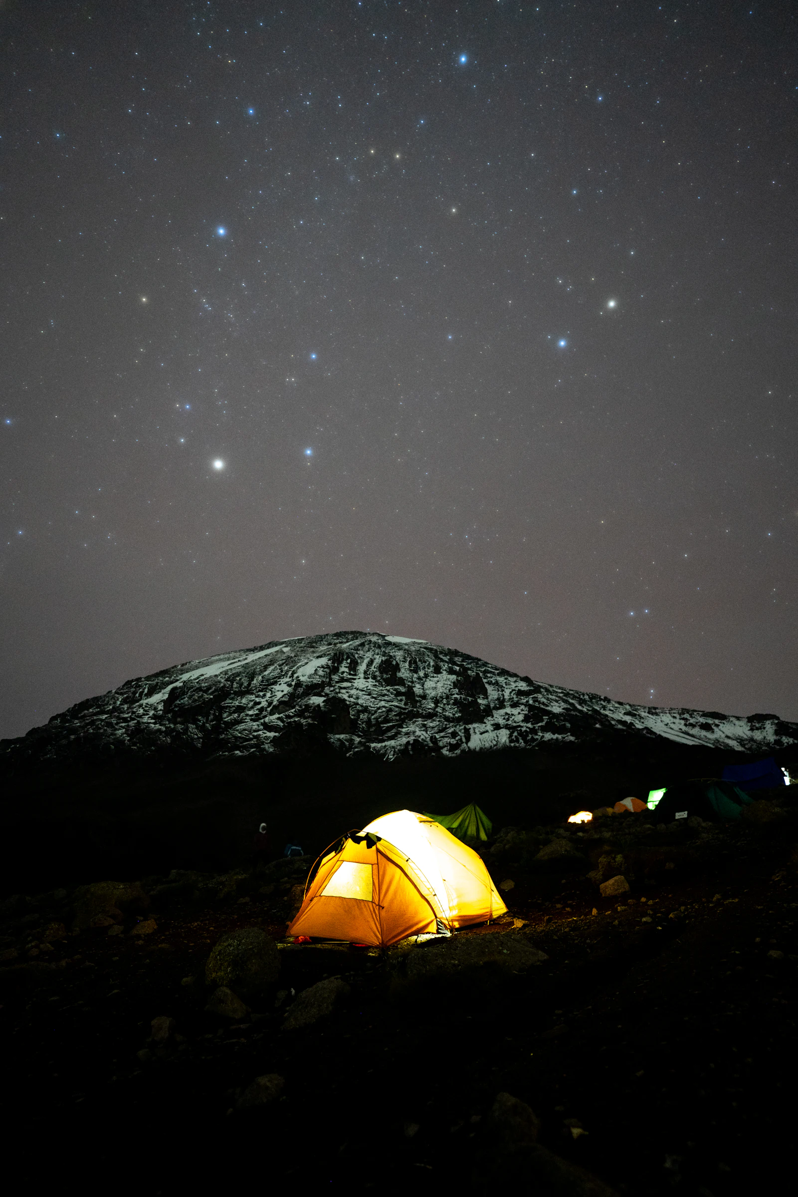 Premium mountain camp under a starry sky on Kilimanjaro's Northern Circuit