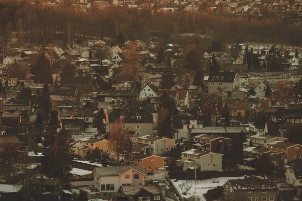 an aerial view of a city in the winter