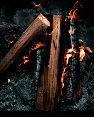Logs of wood burning with vibrant orange flames, surrounded by dark ashes and charred wood. The texture of the wood is emphasized, with visible grains and blackened, burnt edges. The bright firelight contrasts with the dark background.