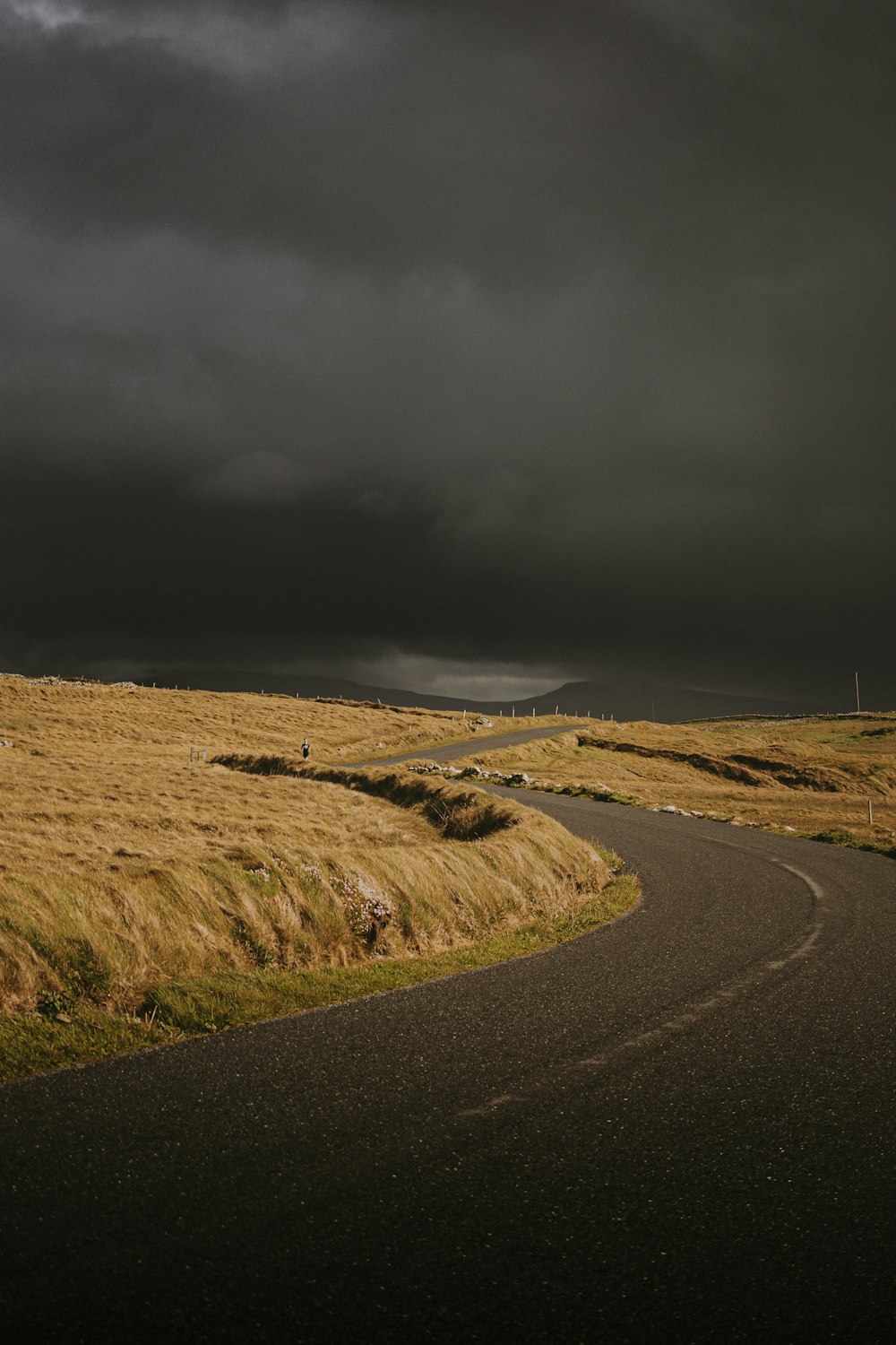 a winding road in the middle of a field under a dark sky