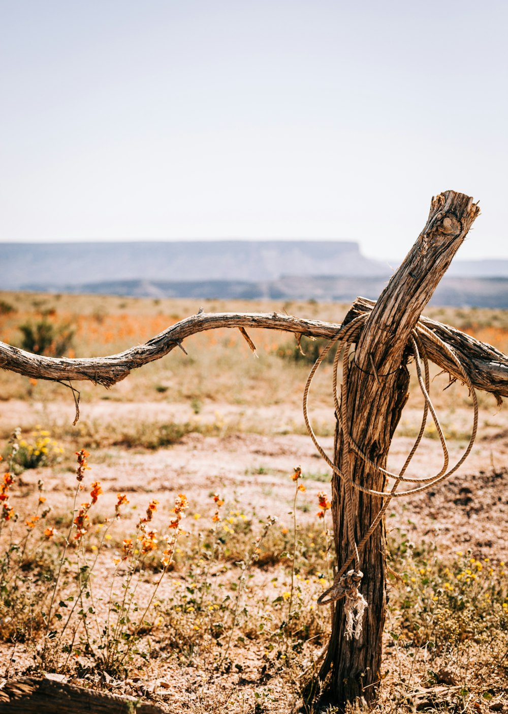 a wooden fence in the middle of a desert