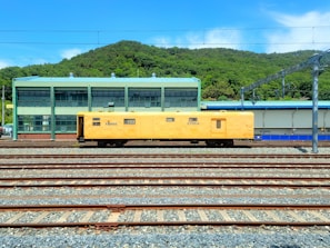 A yellow maintenance train car is positioned on multiple railway tracks in a train yard. In the background, there is a green industrial building with large windows and a green hilly landscape behind it under a clear blue sky.