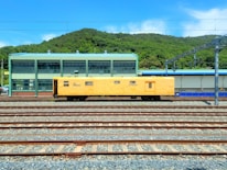 A yellow maintenance train car is positioned on multiple railway tracks in a train yard. In the background, there is a green industrial building with large windows and a green hilly landscape behind it under a clear blue sky.