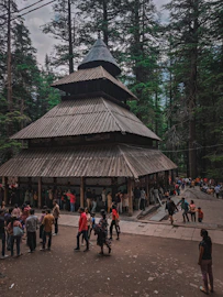 a group of people standing around a wooden structure