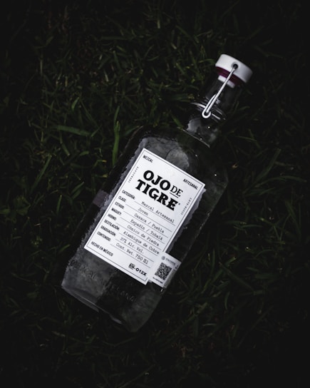 A bottle of Ojo de Tigre Mezcal lies on grass. The bottle has a white label with detailed information including the type and origin of the mezcal. The cap is secured with a metal clasp.