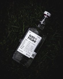 A bottle of Ojo de Tigre Mezcal lies on grass. The bottle has a white label with detailed information including the type and origin of the mezcal. The cap is secured with a metal clasp.