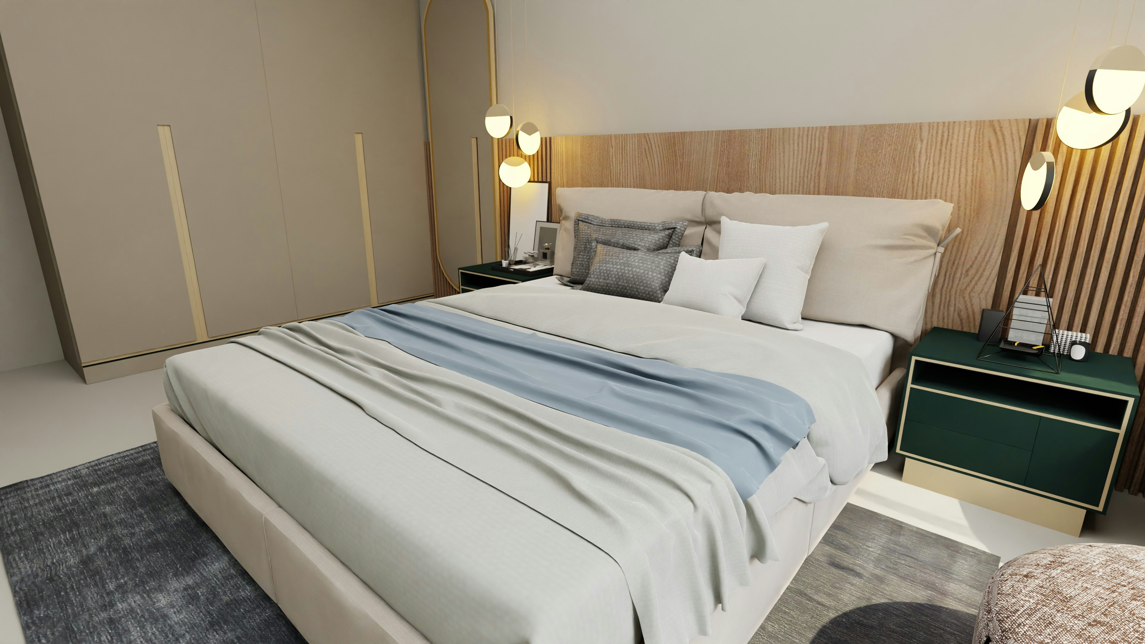 a bedroom with a bed and a night stand