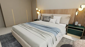 a bedroom with a bed and a night stand