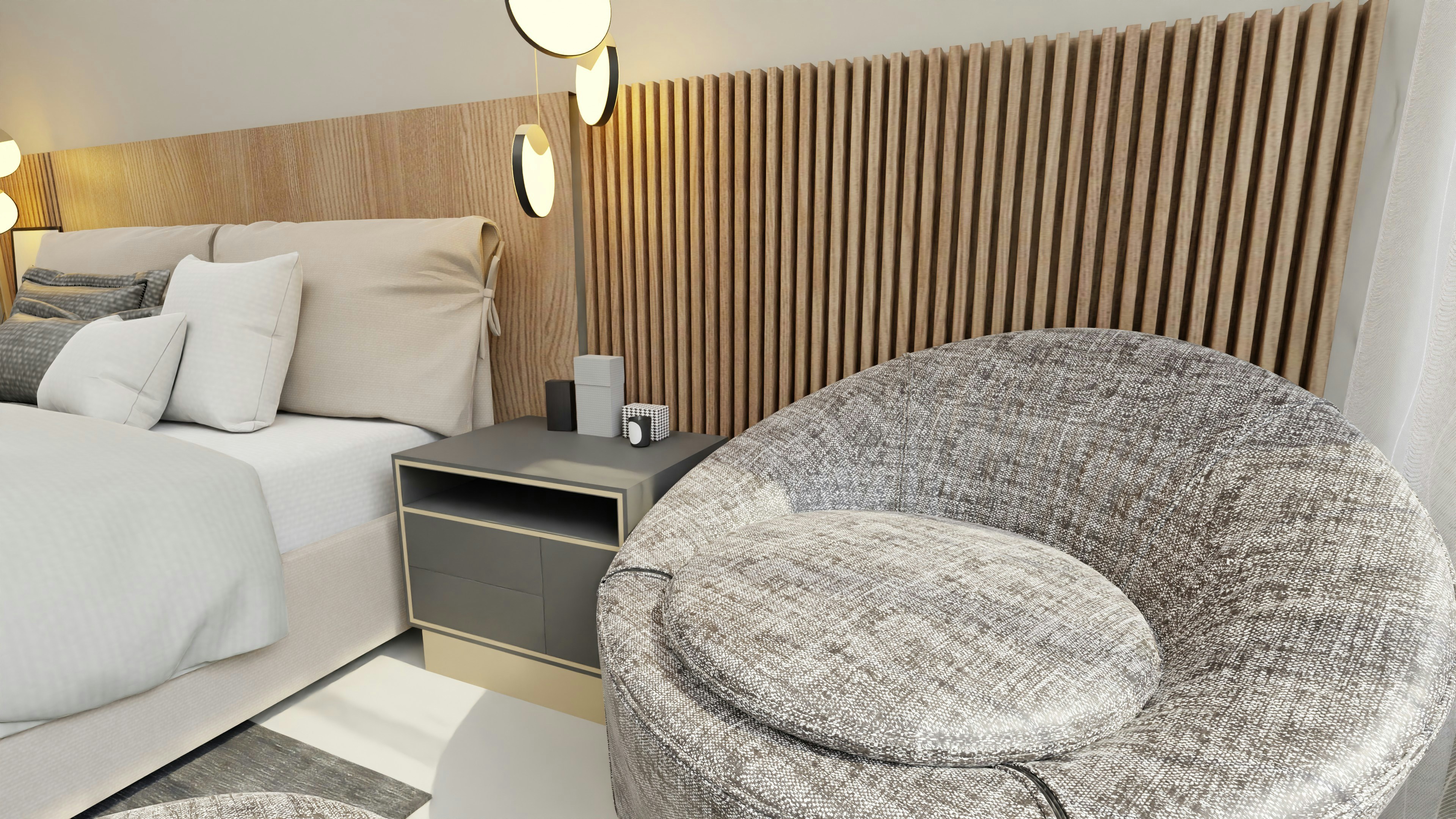 a bed room with a neatly made bed and a chair