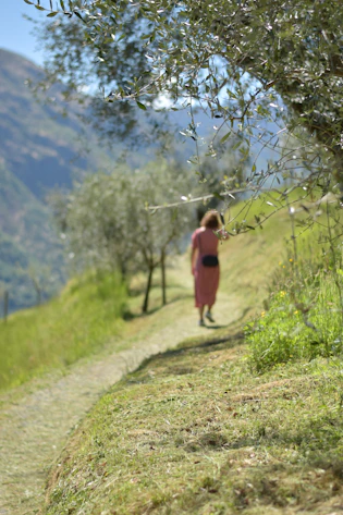 a little girl in a pink dress walking down a hill