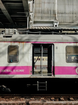 a pink and white train parked at a train station