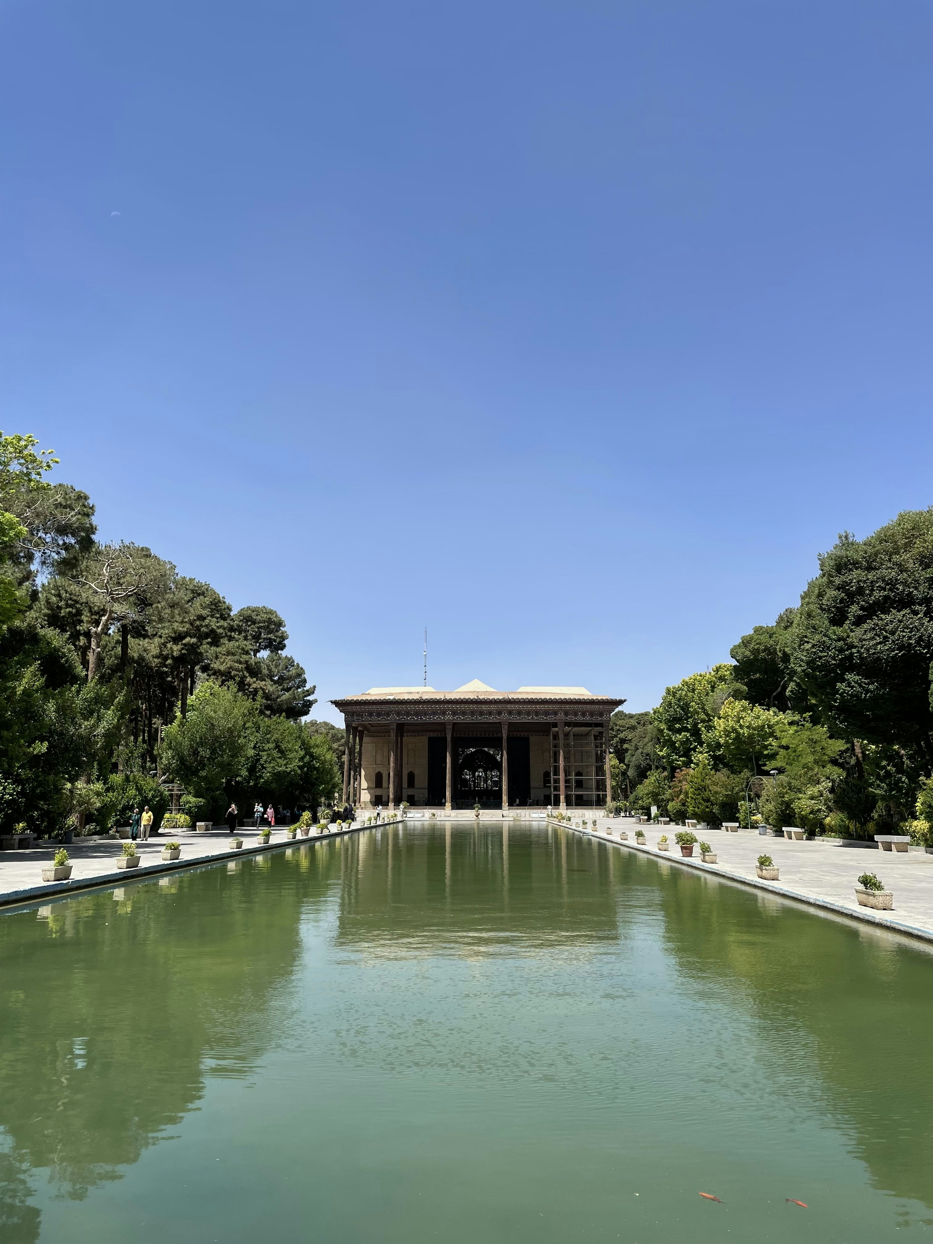 un grand plan d’eau entouré d’arbres