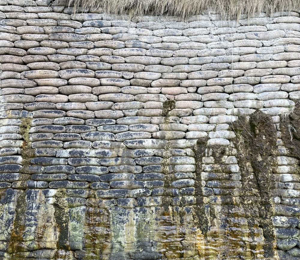 a stone wall with moss growing on it