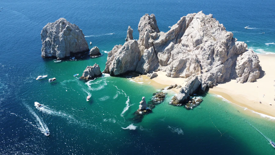 Aerial view of the rock arch and beach at Land's End on Mexico's Baja coast