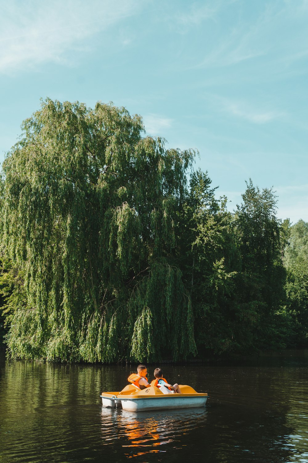 two people in a small boat on a river