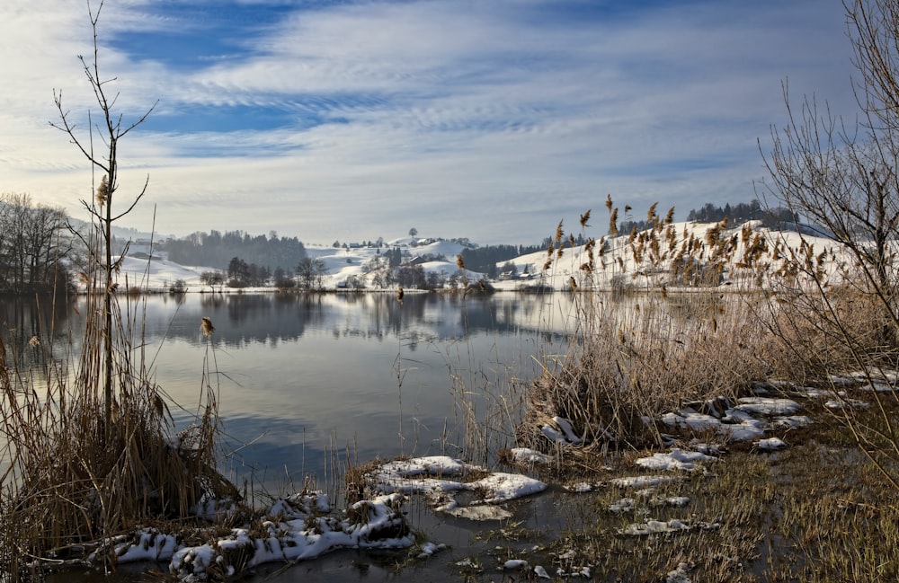 a body of water surrounded by snow covered mountains