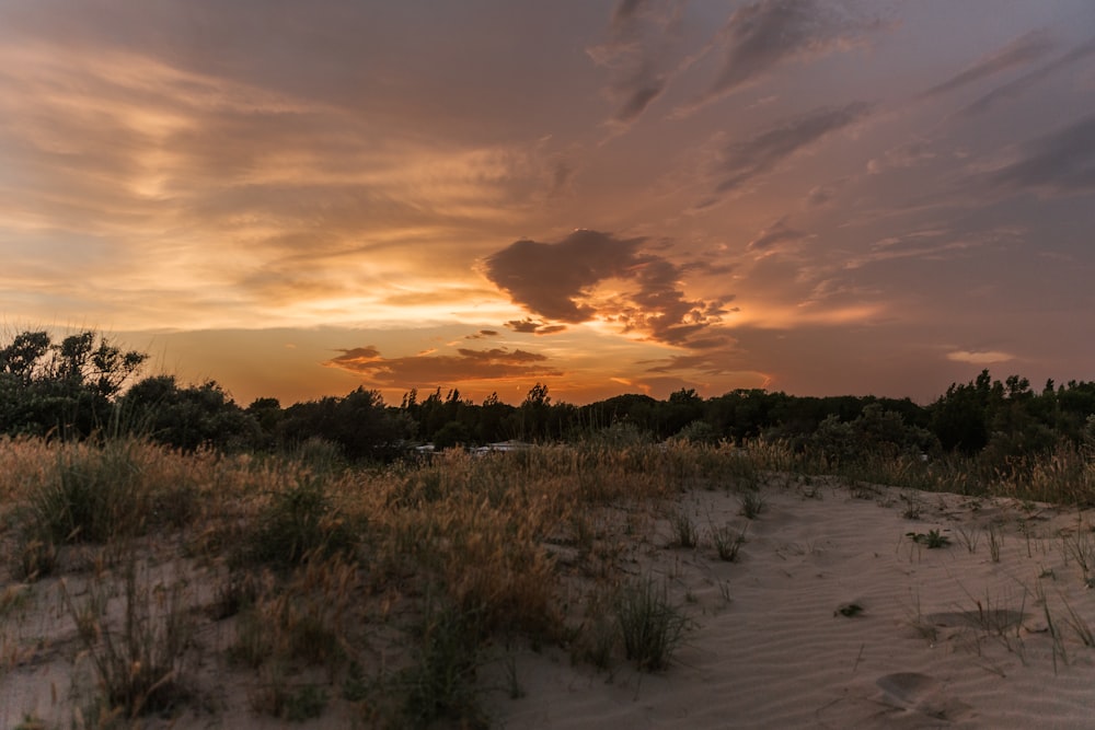 the sun is setting over a sandy beach