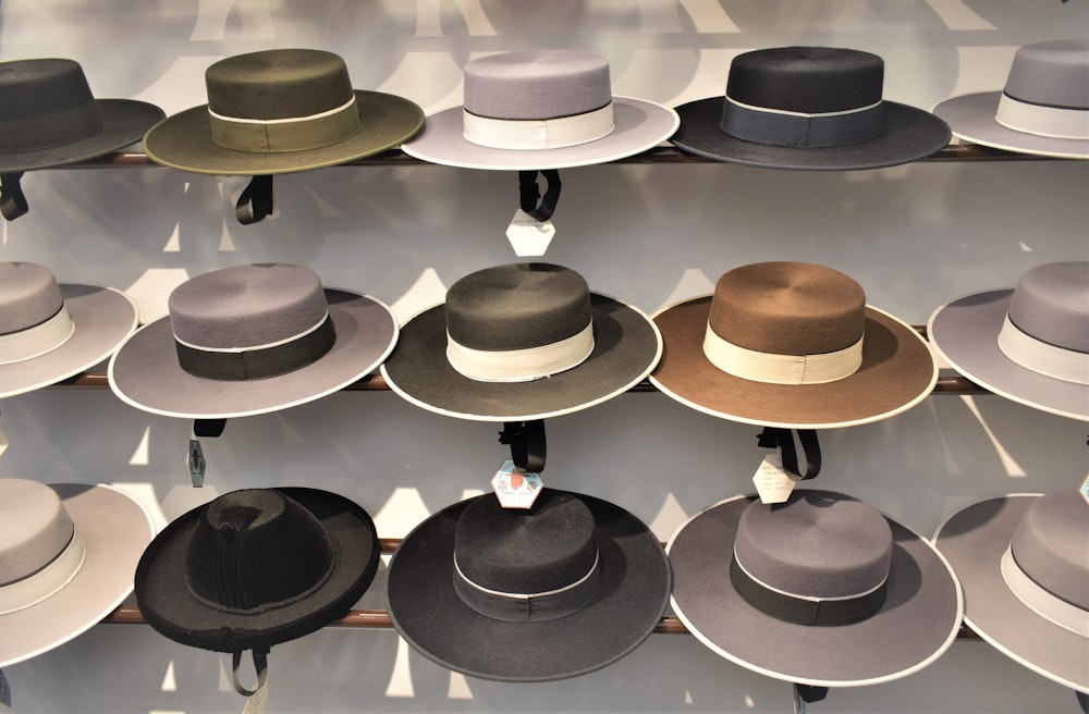 a rack of hats on display in a store