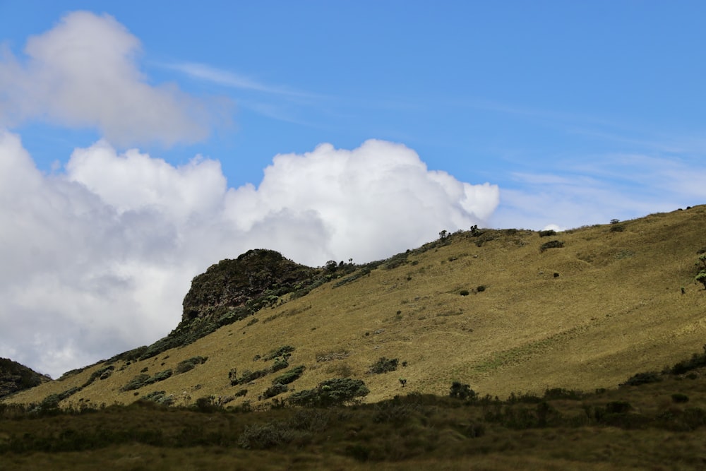 a grassy hill with a few clouds in the sky