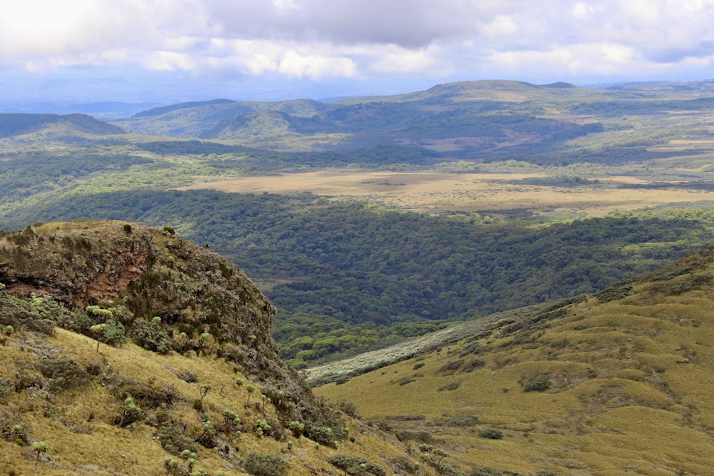 a view of a valley with mountains in the background