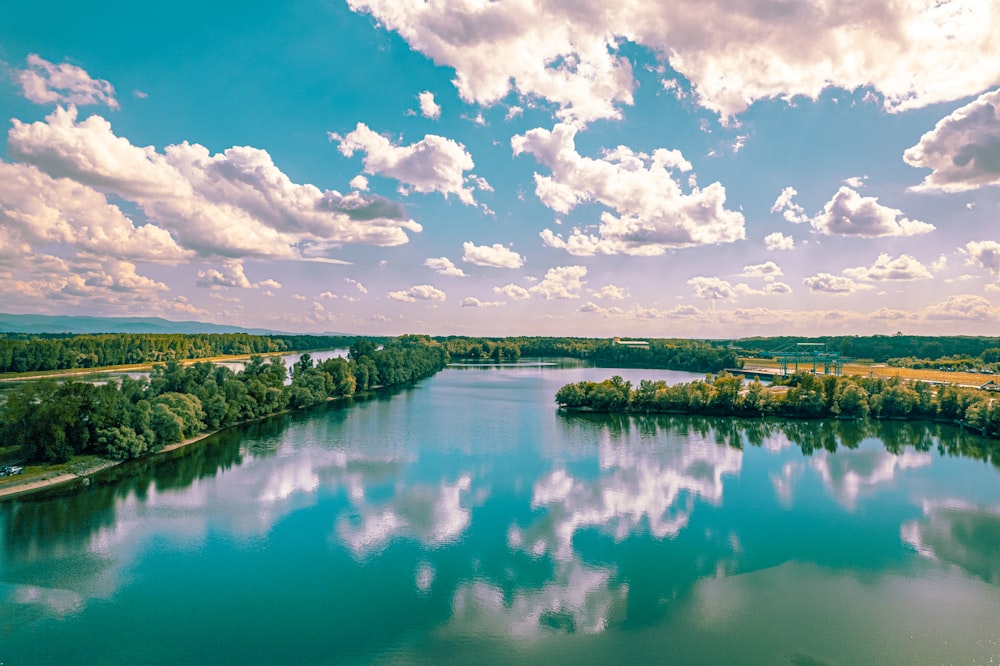 a large body of water surrounded by trees