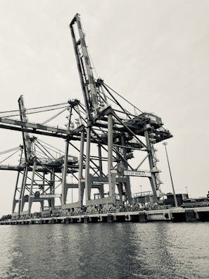 a black and white photo of a large crane