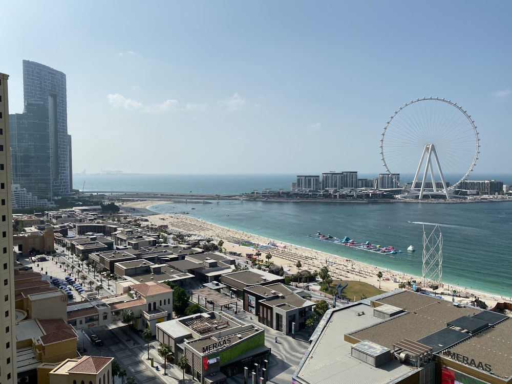 a view of a beach with a ferris wheel in the distance