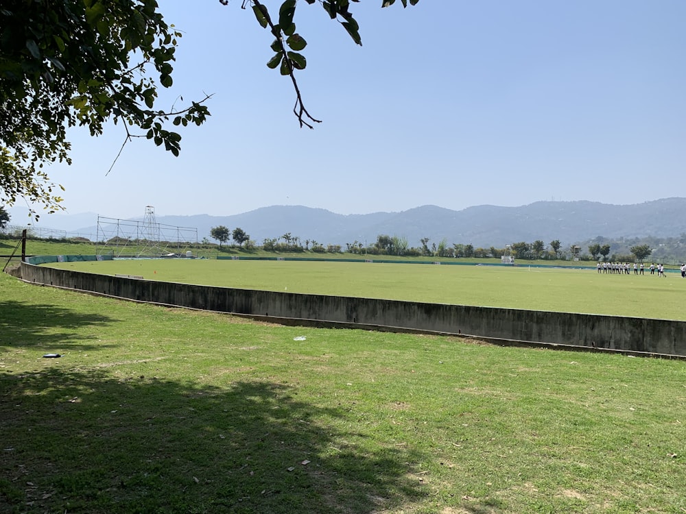 a grassy field with mountains in the background