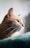 a close up of a cat on a bed