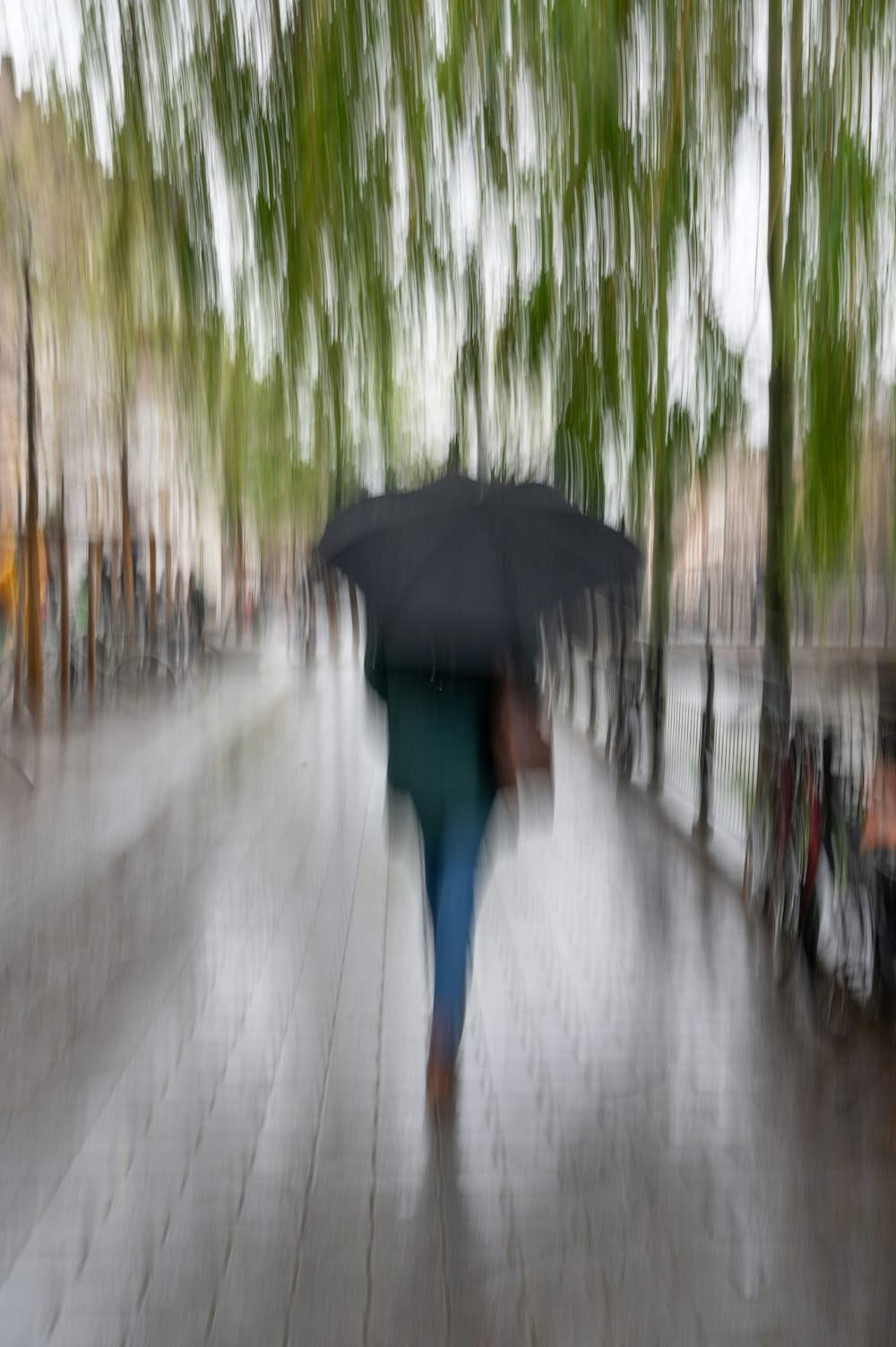 a blurry photo of a person walking with an umbrella