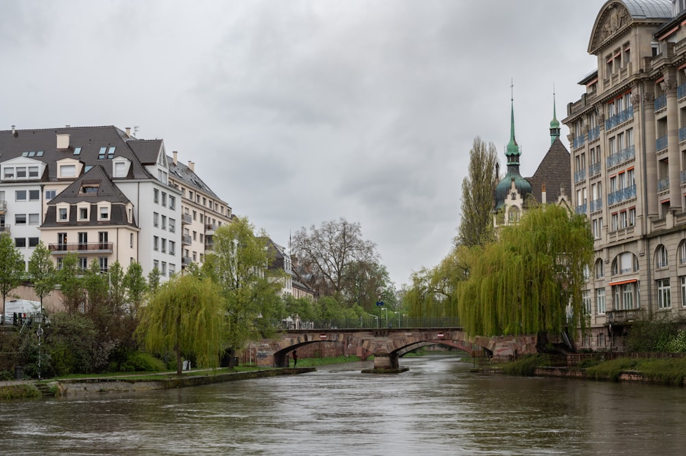 a river running through a city next to tall buildings