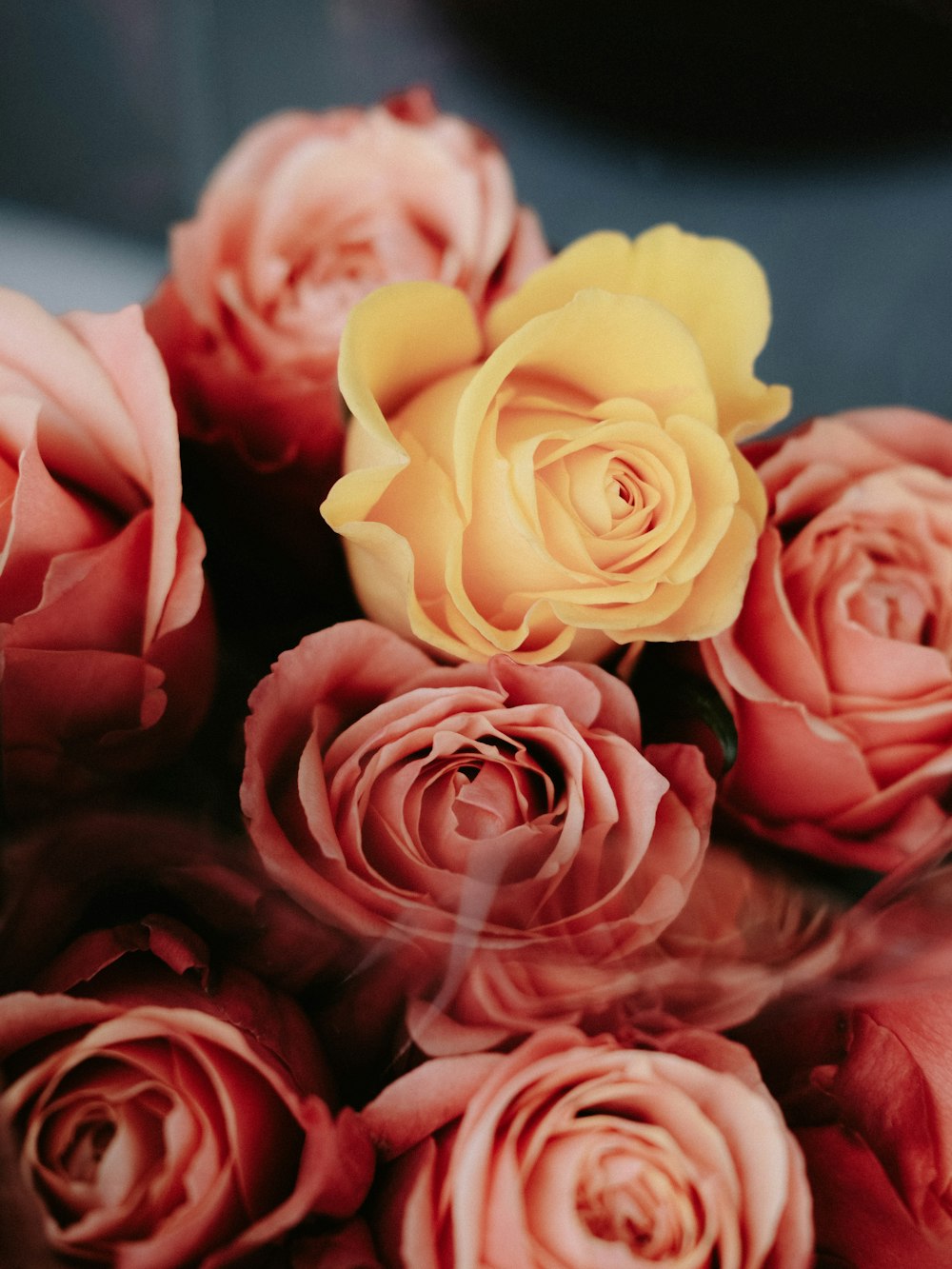 a bouquet of pink and yellow roses on a table