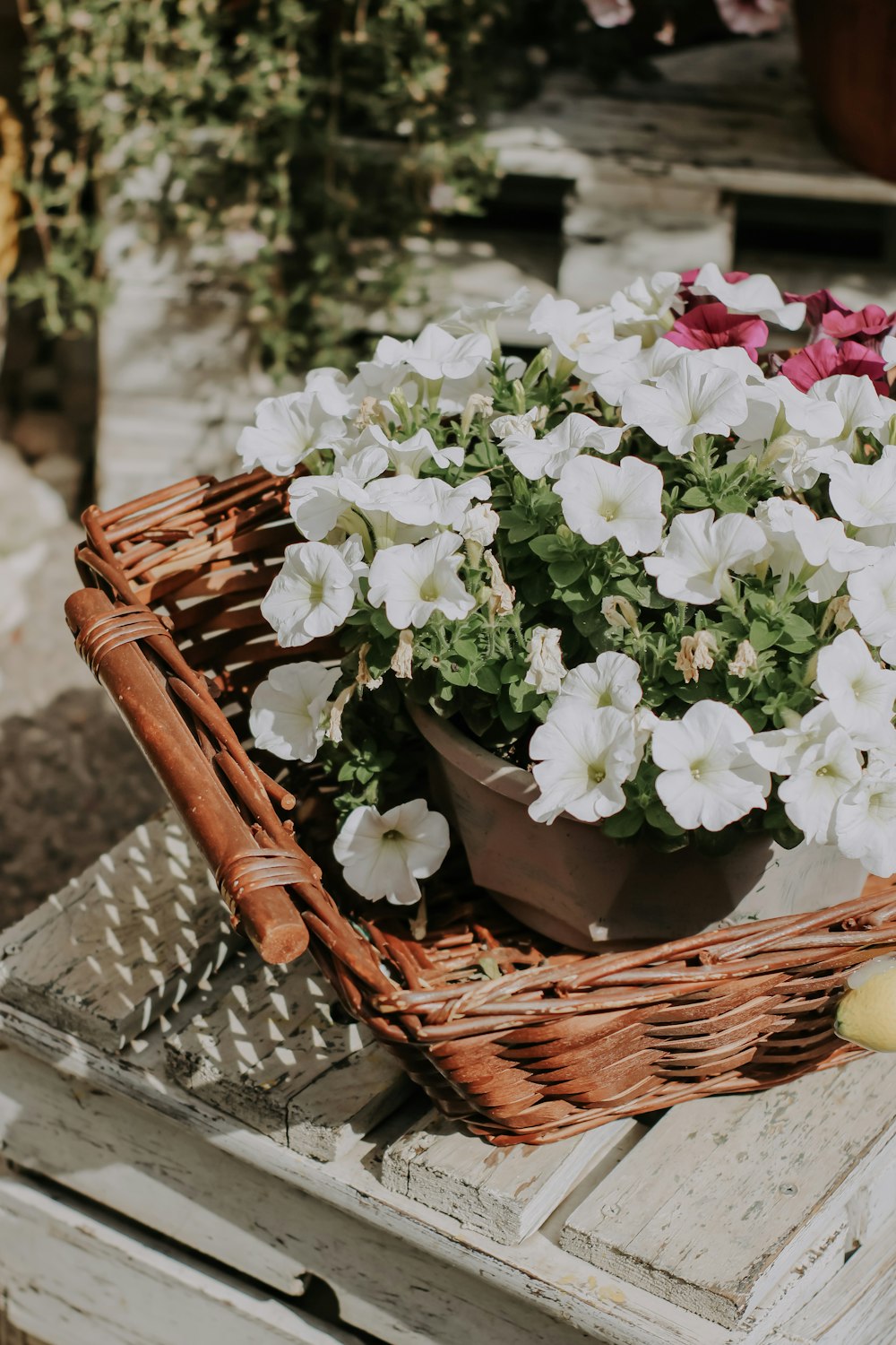 a basket of flowers sitting on top of a table
