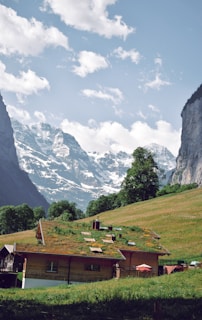 A picturesque wooden house with a green roof blends into the rolling meadow and is backed by stunning snow-capped mountains. The scene is set under a bright, partly cloudy sky, with lush greenery and vibrant wildflowers dotting the landscape.