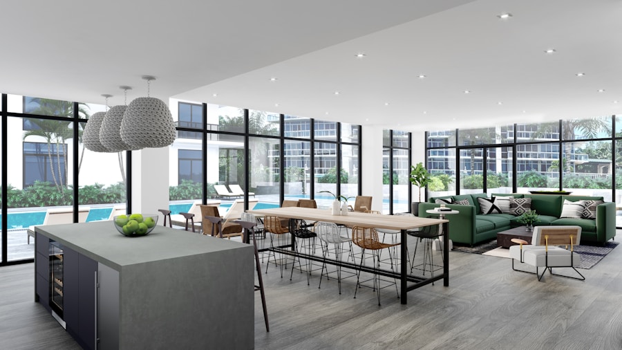 Open-plan Miami living and dining room opening onto the pool terrace