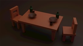 A minimalistic scene featuring a simple rectangular table with two equally simple chairs on opposite sides. On the table, there are two plates, two mugs, and two bottles arranged symmetrically. The objects and furniture are all in shades of brown and green.