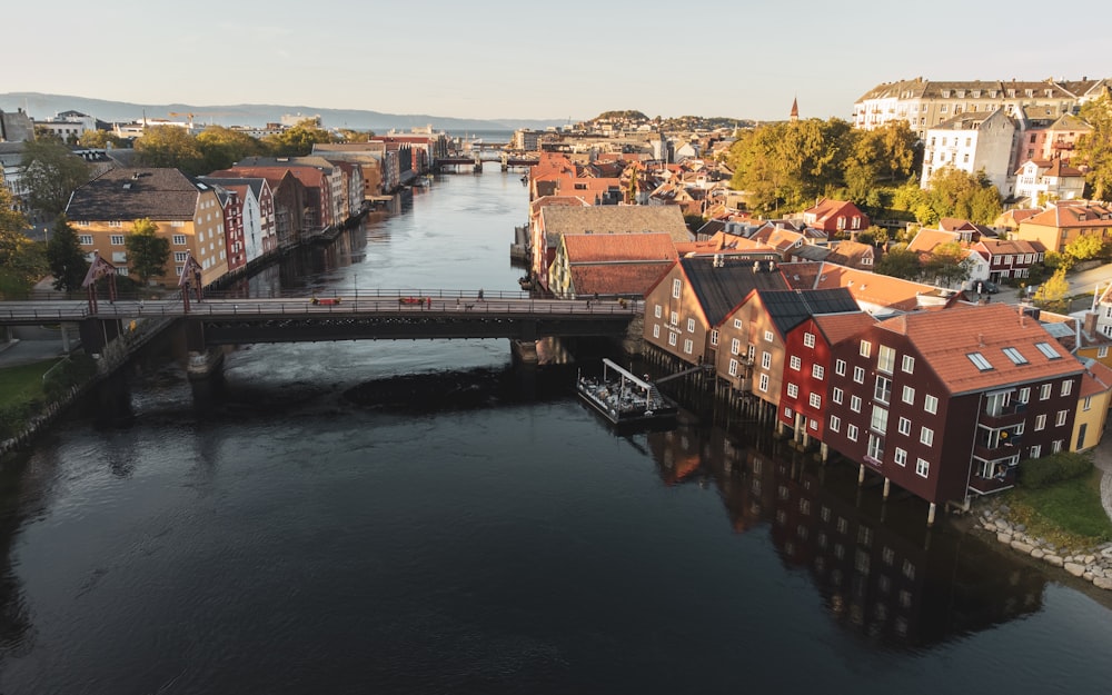 a river running through a city next to a bridge