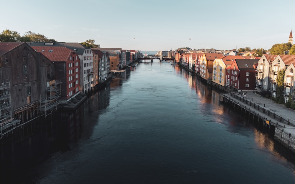 a river running through a city next to tall buildings