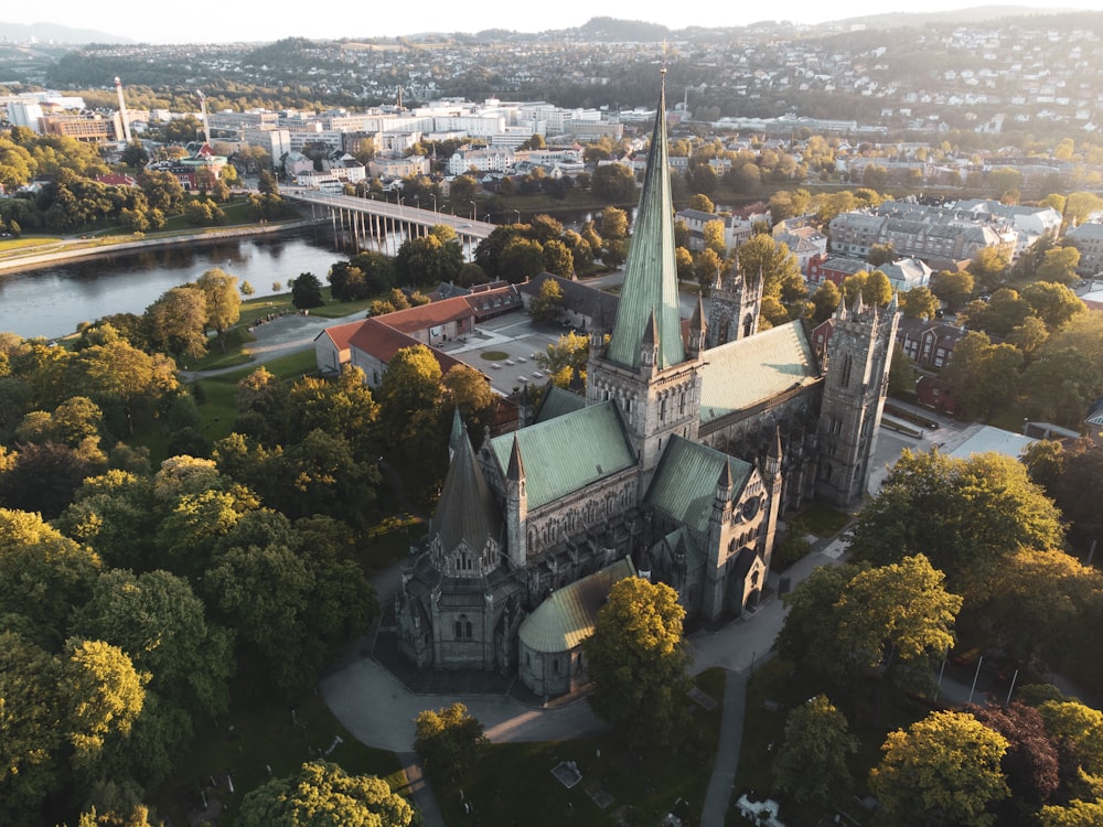 an aerial view of a large church surrounded by trees