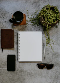 A flat lay of lifestyle essentials including a journal, coffee cup, and houseplants.