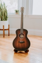A brown acoustic guitar stands upright on a wooden floor in a well-lit room. The guitar is framed by large windows and a potted plant placed in the background, creating a serene and aesthetically pleasing atmosphere.