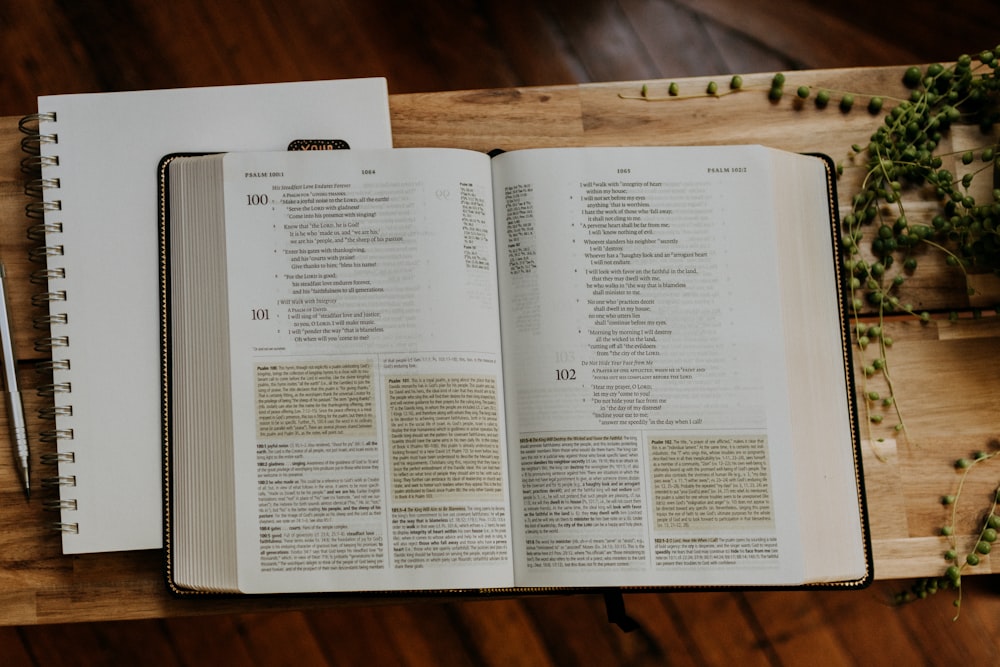 an open book sitting on top of a wooden table