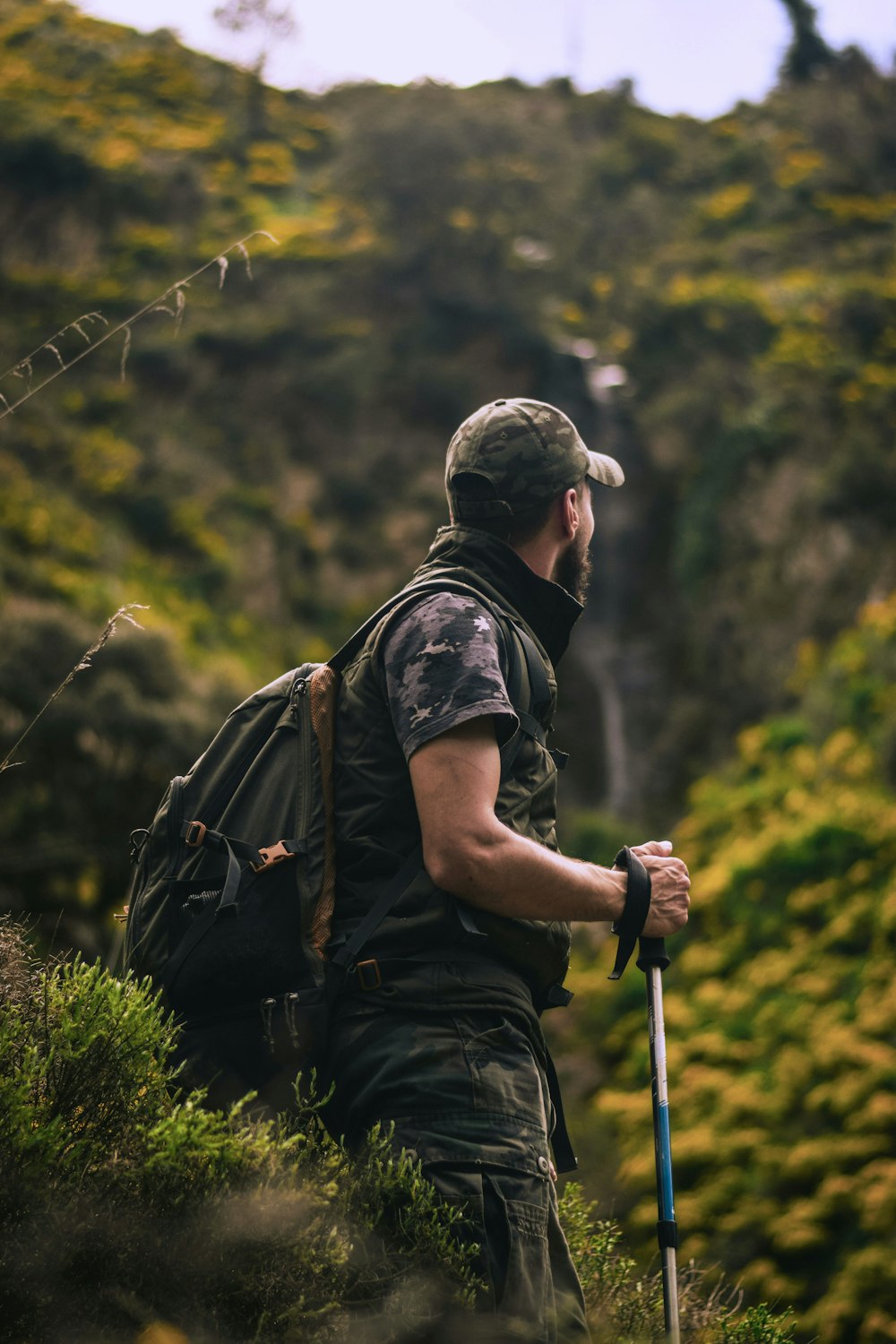 a man with a backpack and walking stick