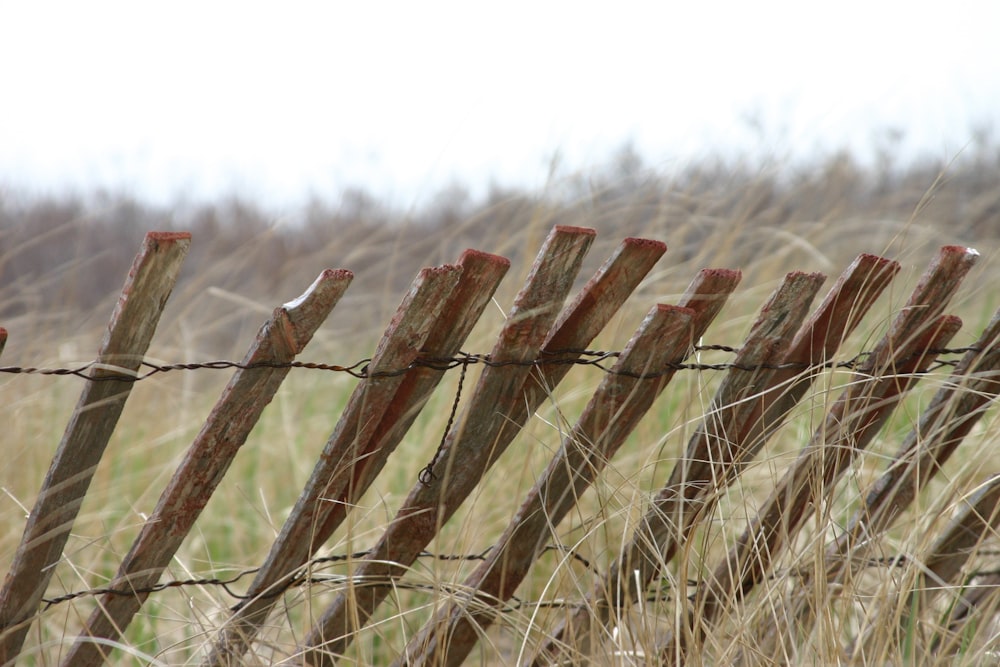 a close up of a wooden fence with grass in the background