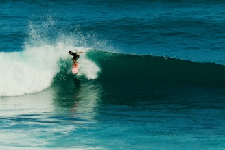a person on a surfboard riding a wave
