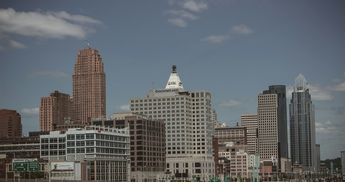 A view of a city with tall buildings